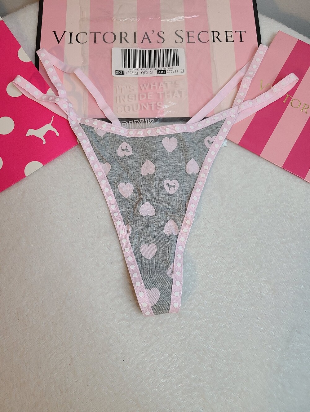 VS PINK Graphic Cotton High Leg Strappy V-string Thong Panty Size M